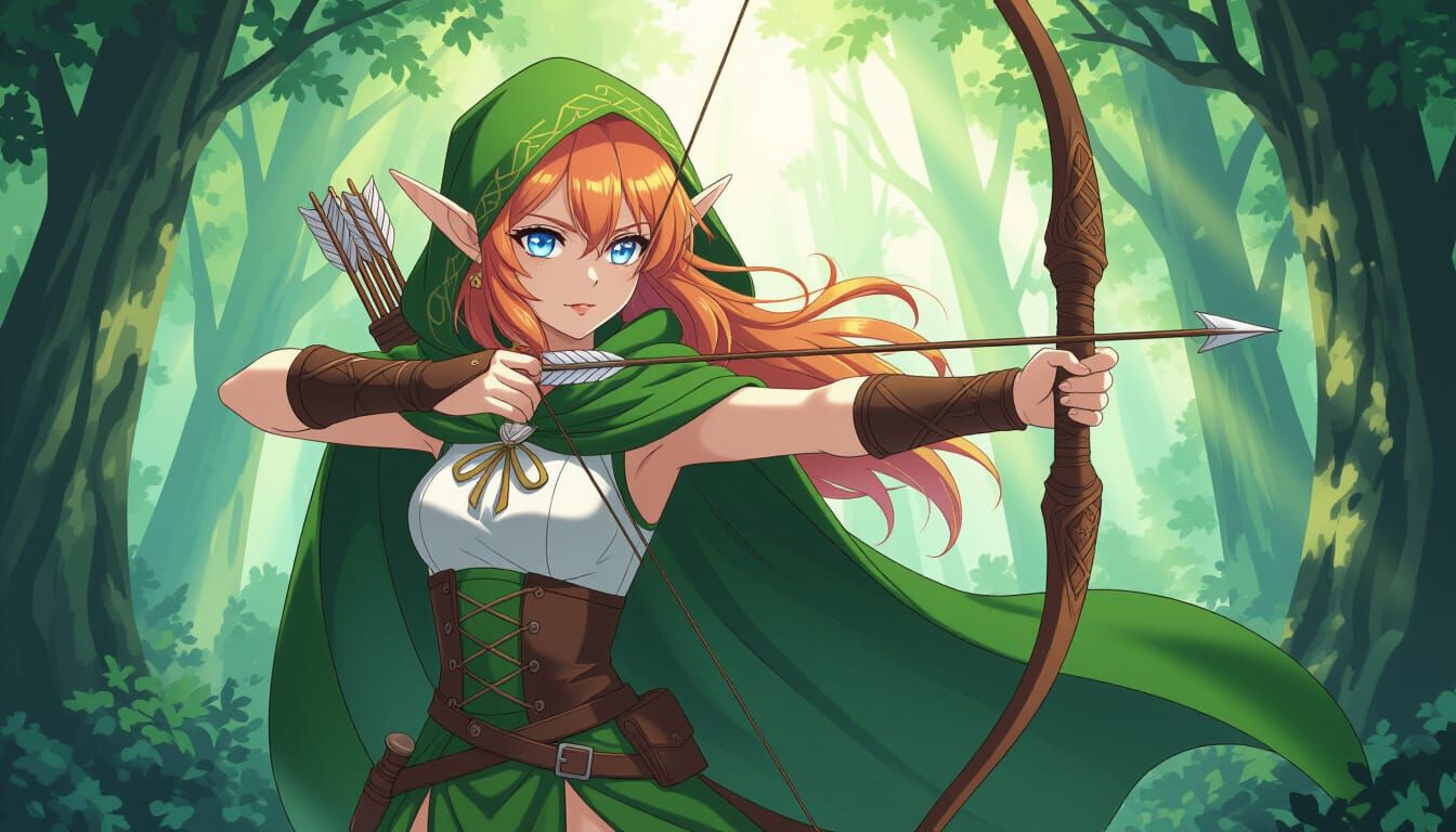 Anime Elf Archer with Rune Bow in Sunlit Forest