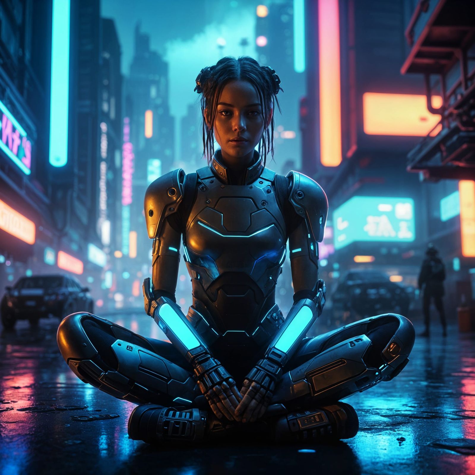 Cyberpunk Woman in Glowing Cyborg Limbs