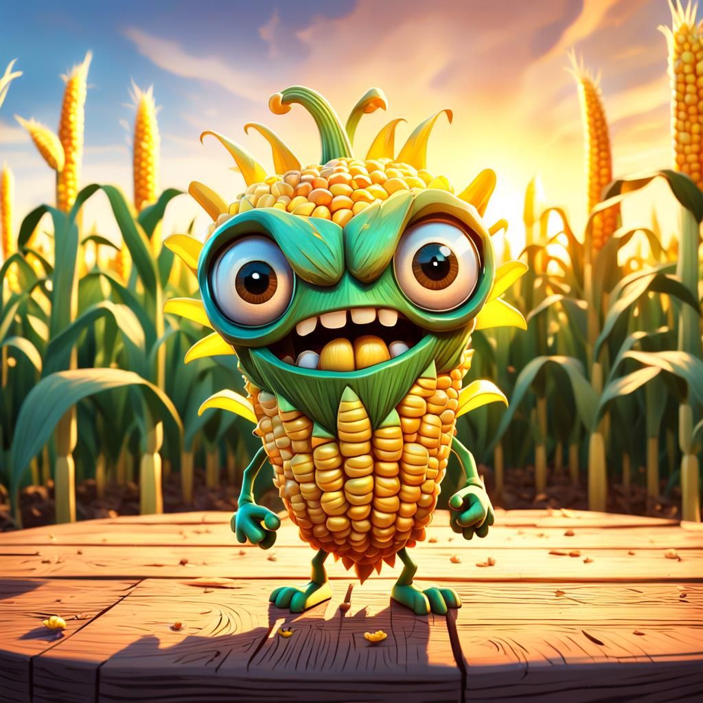 Angry Corncob Creature in Pixar Style
