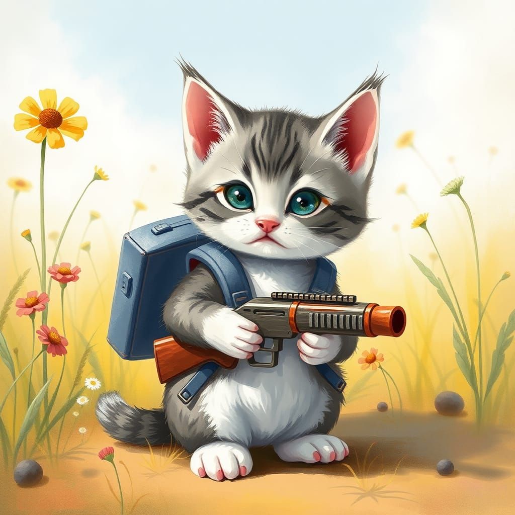 Kitten with Bazooka in Watercolor Meadow