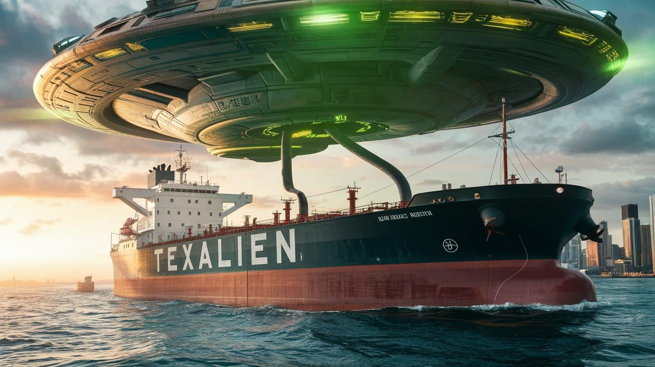 Alien Spaceship Pumping Oil From Tanker at Sea