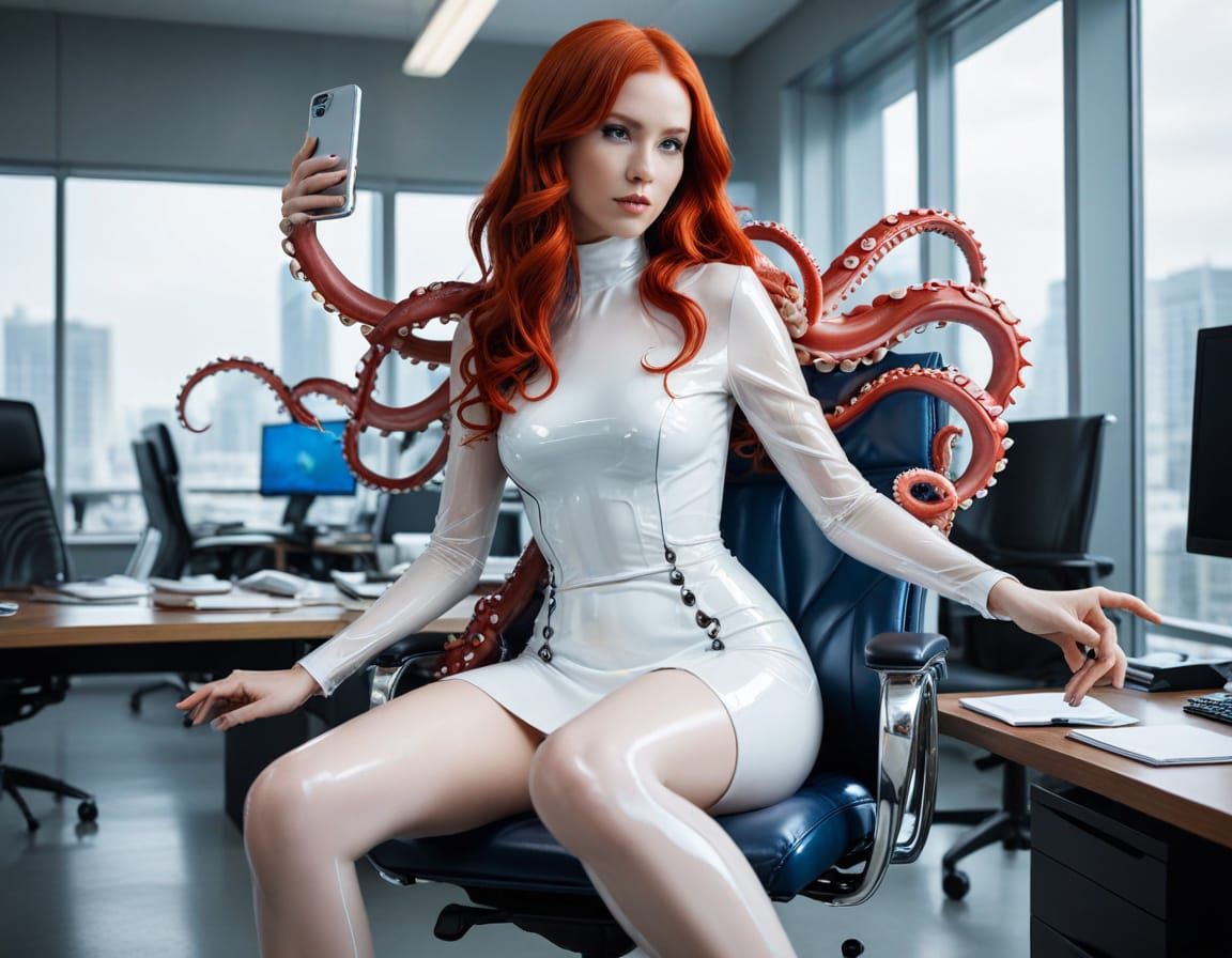 A striking and imaginative scene set in a modern office environment. At the center, a figure designed to resemble a woma...