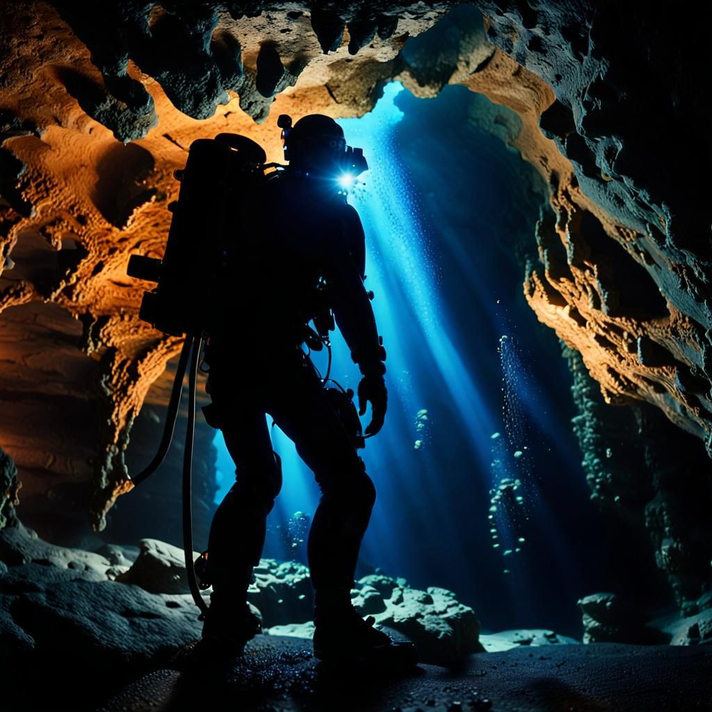 Navy Diver in Underwater Cave, Cinematic HDR