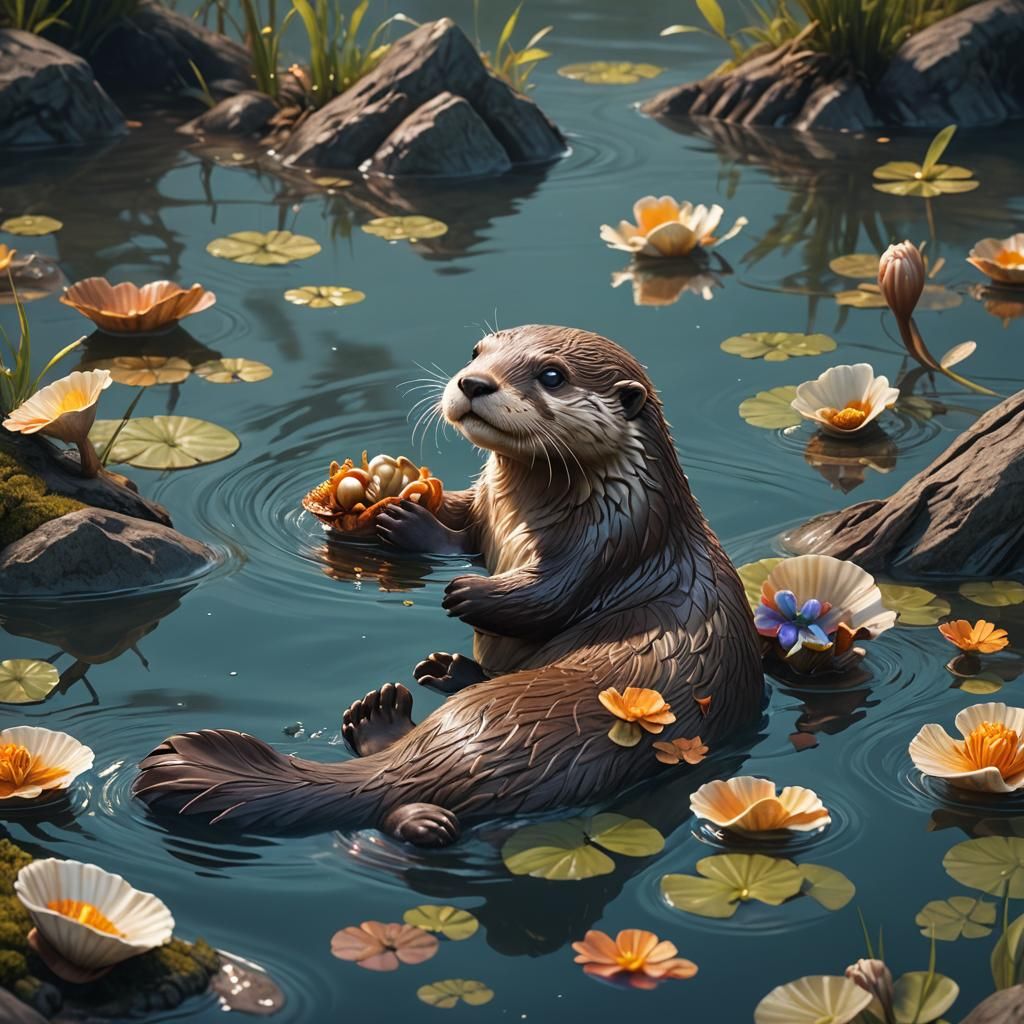 Cute Otter Swimming in Lake: Detailed Digital Painting