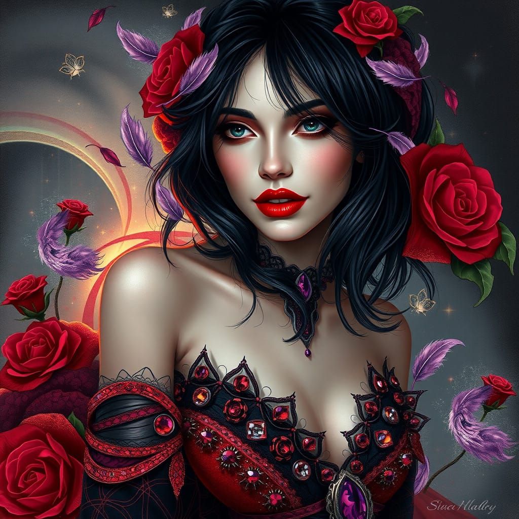 Gothic Vampire Woman in Whimsical Ink Splash Art Style