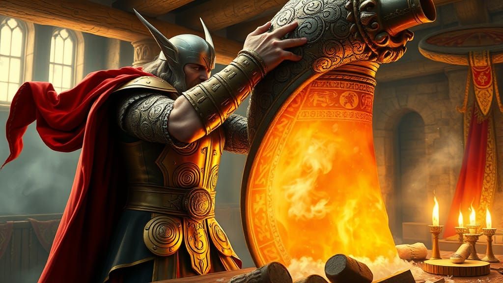 Golden Thor Drains the Vast Mead Horn in a Viking Longhouse