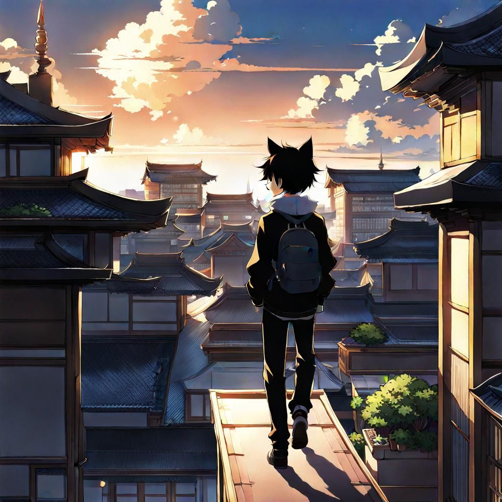 Anime Cat Boy Walks Rooftops at Night