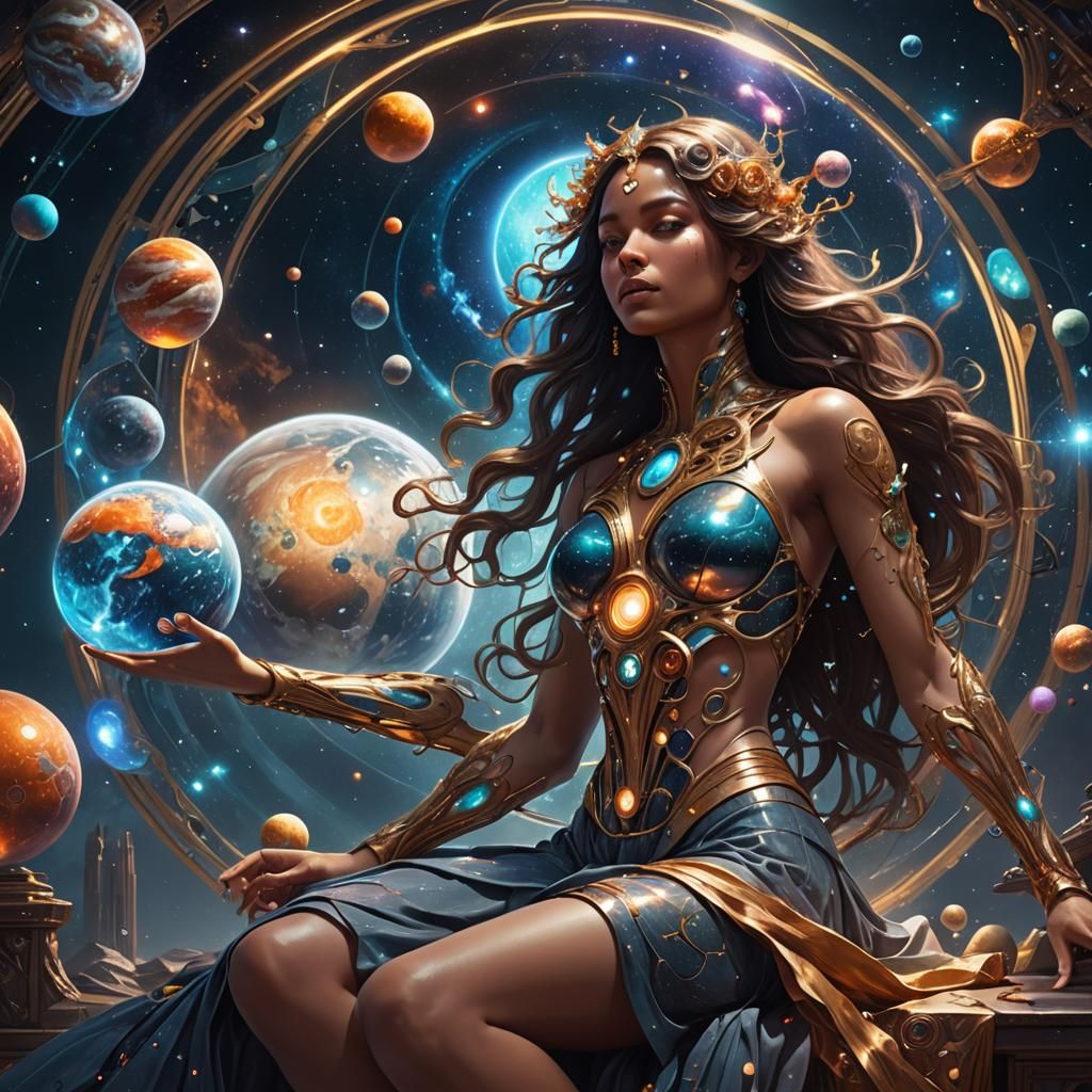 Astral Projection: Girl with Planets in Dark Fantasy Style