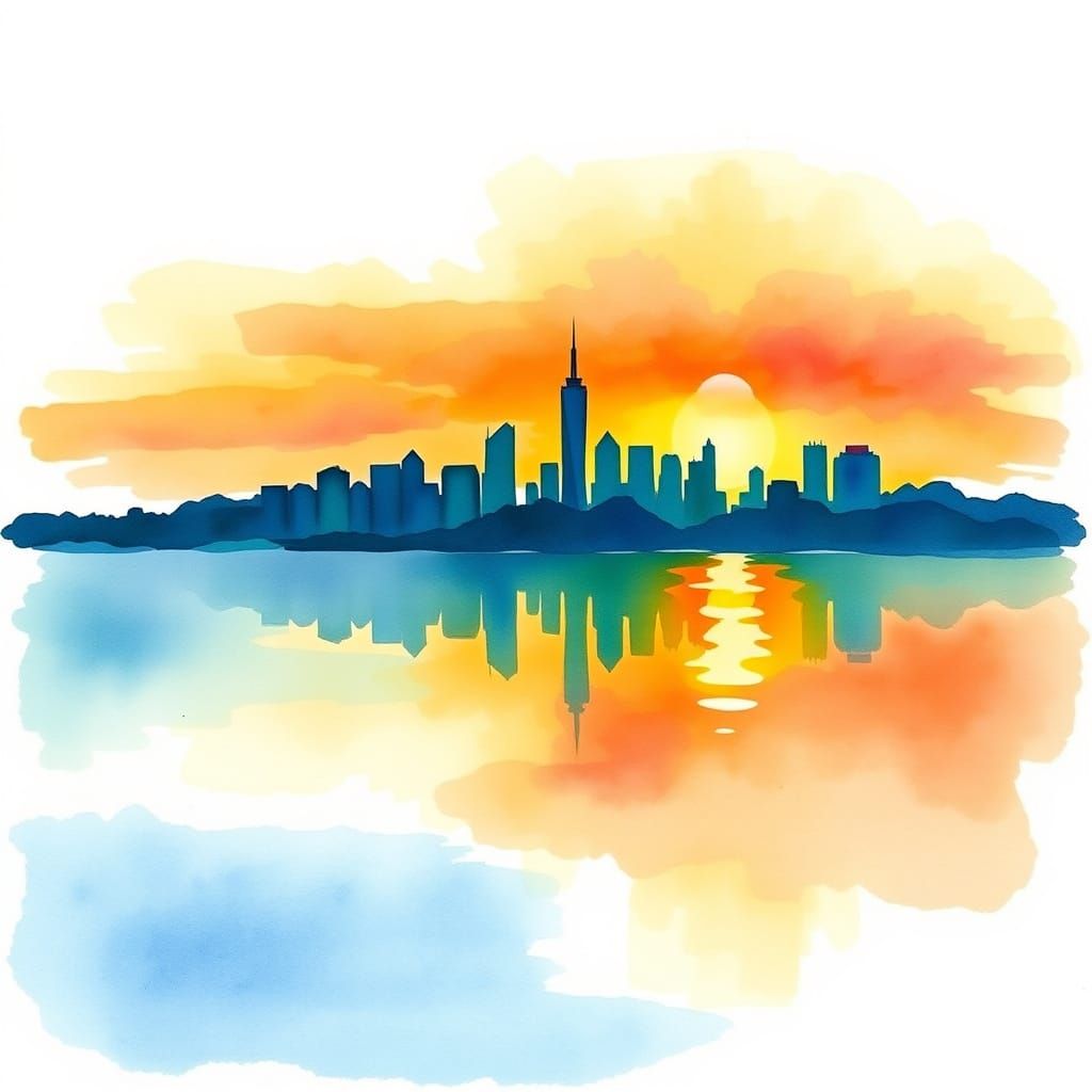 Sunrise Cityscape: Minimalist Watercolor Art