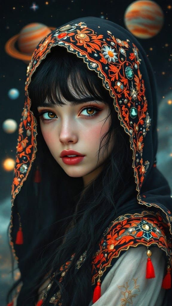 Ethereal Celestial Maiden in Vibrant Hooded Robes