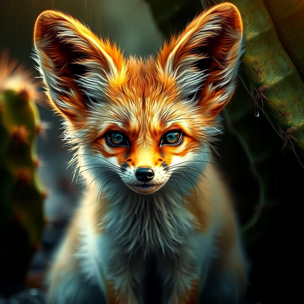 Wet Fennec Fox Seeking Shelter During Golden Hour Rain