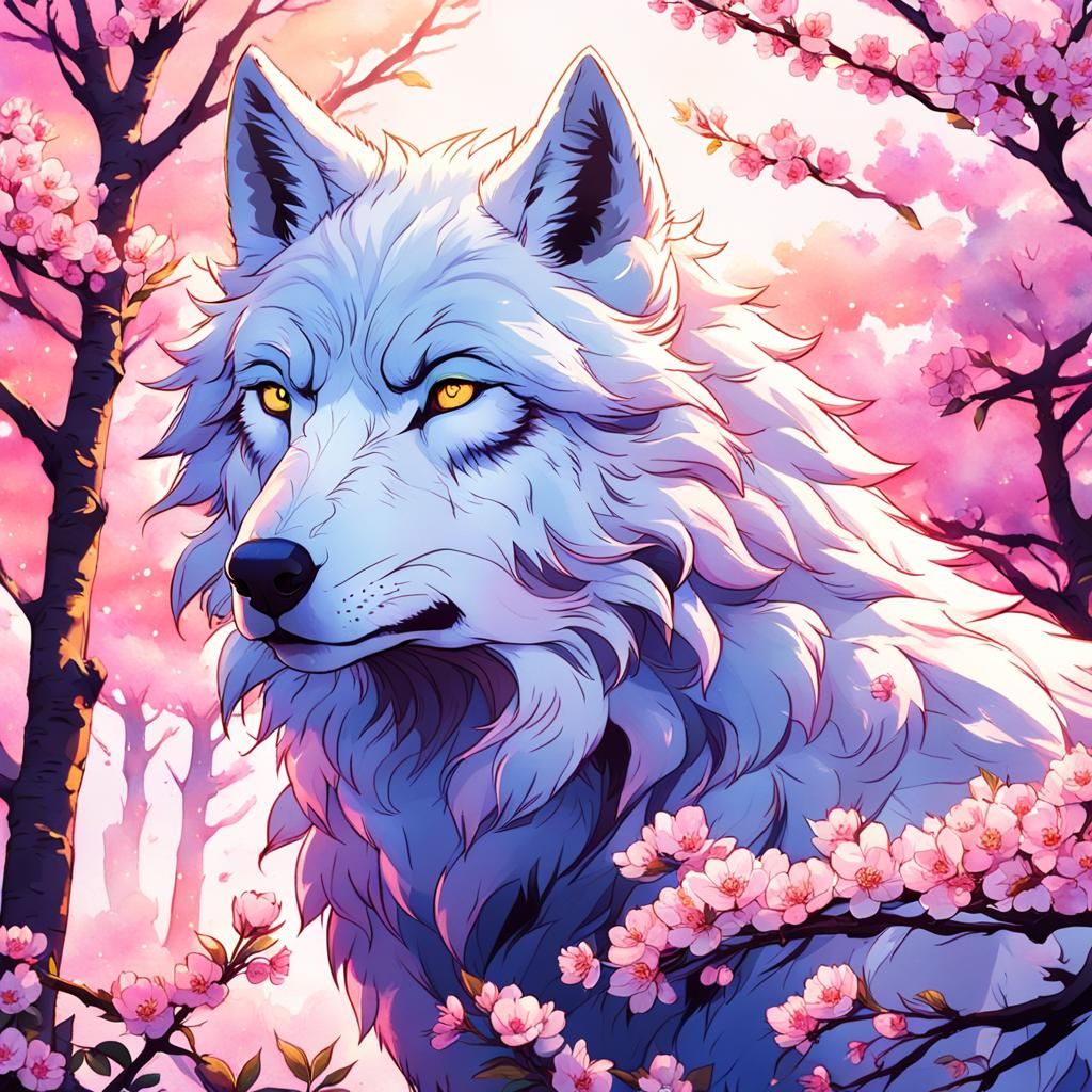 Majestic White Wolf in Anime Cherry Blossom Garden