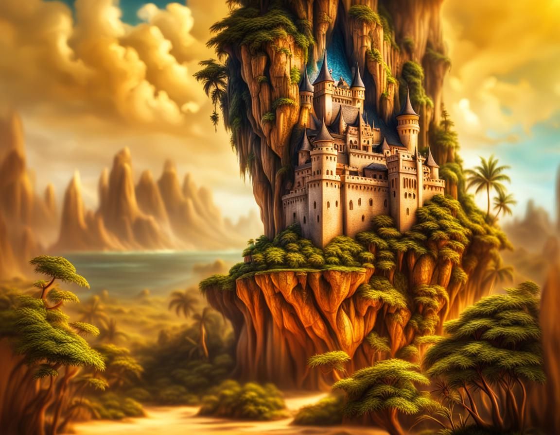 Magic Island Castle in Hyperrealistic Style