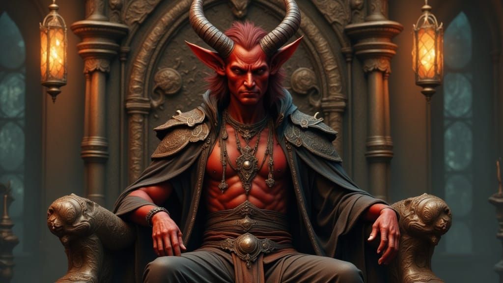 Red Skinned Tiefling Warlock on Bone Throne