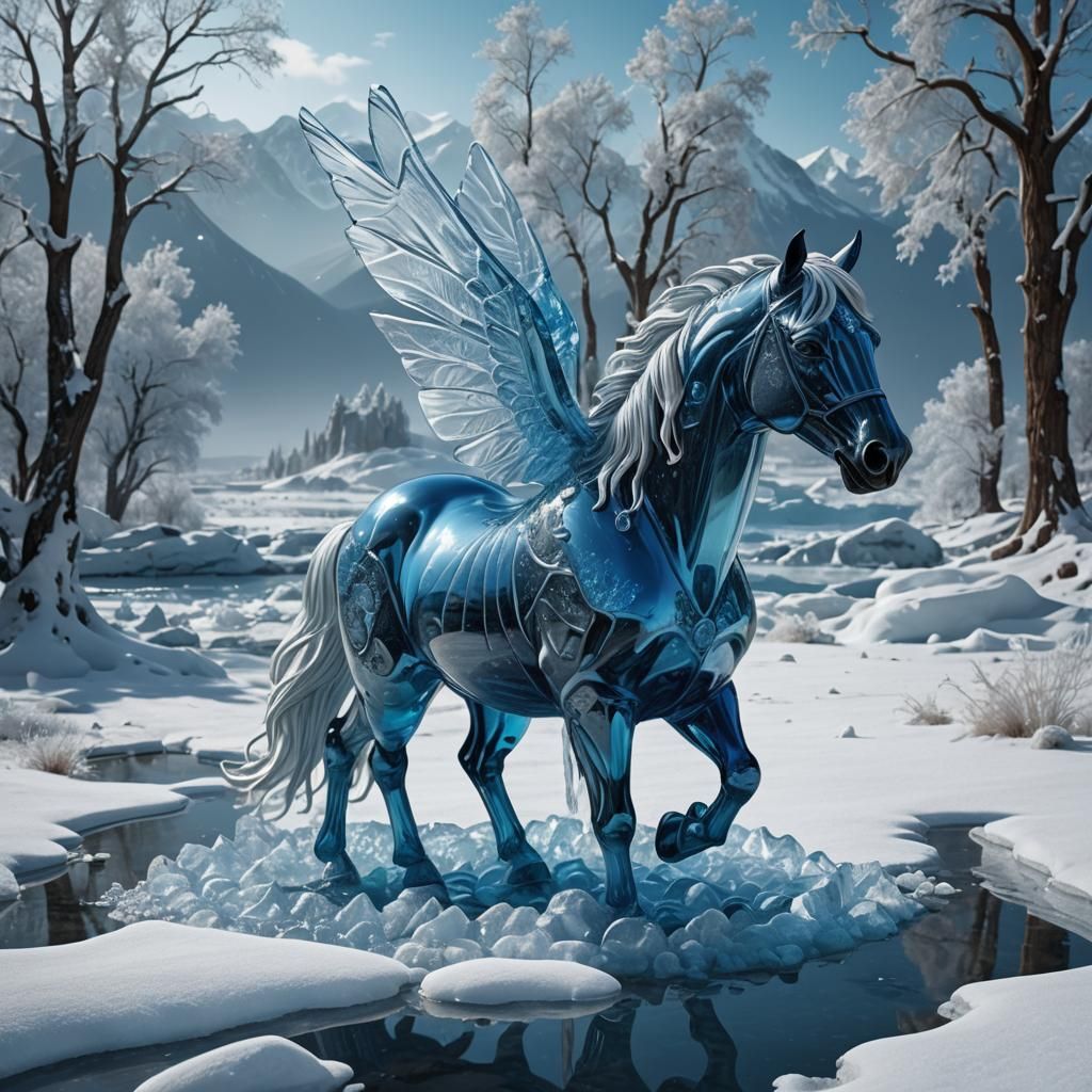 Fantasy Ice Horse Sculpture in Winter Landscape