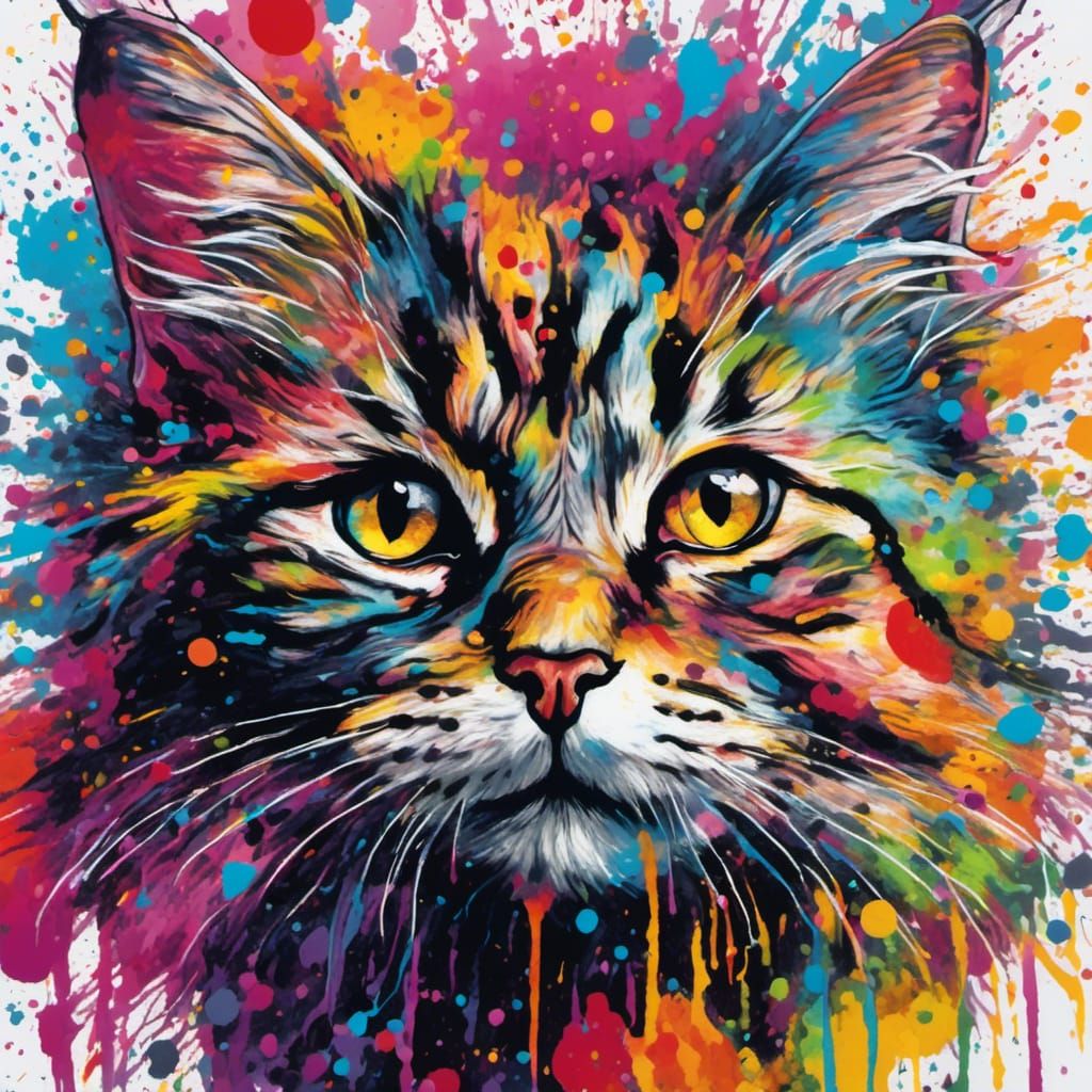 Hyperrealistic Cat in Rain with Ink Splatter
