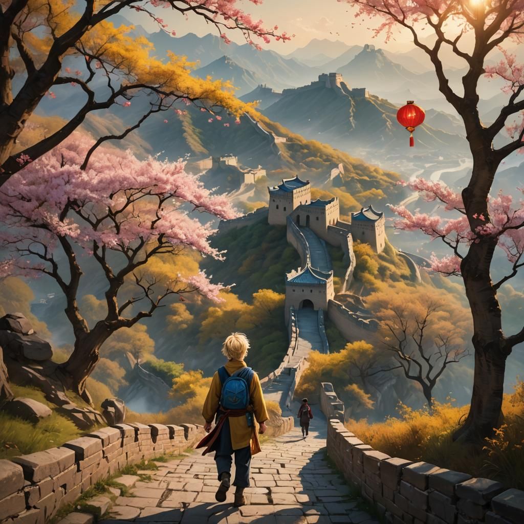 Boy Walks Beside Great Wall of China: Concept Art