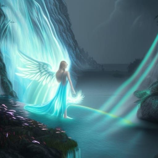 Glowing Angel with Wings by Waterfall