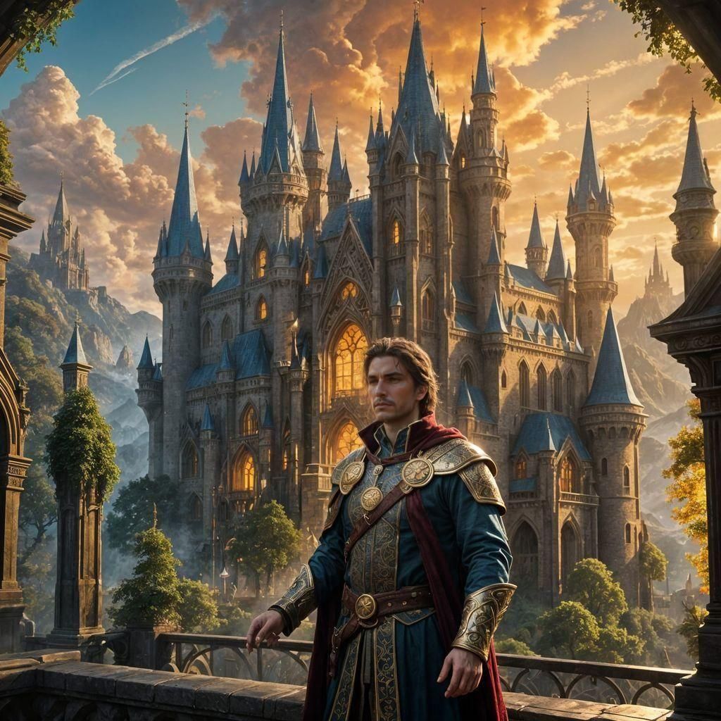 Epic Fantasy Mage Scholar in Detailed Castle