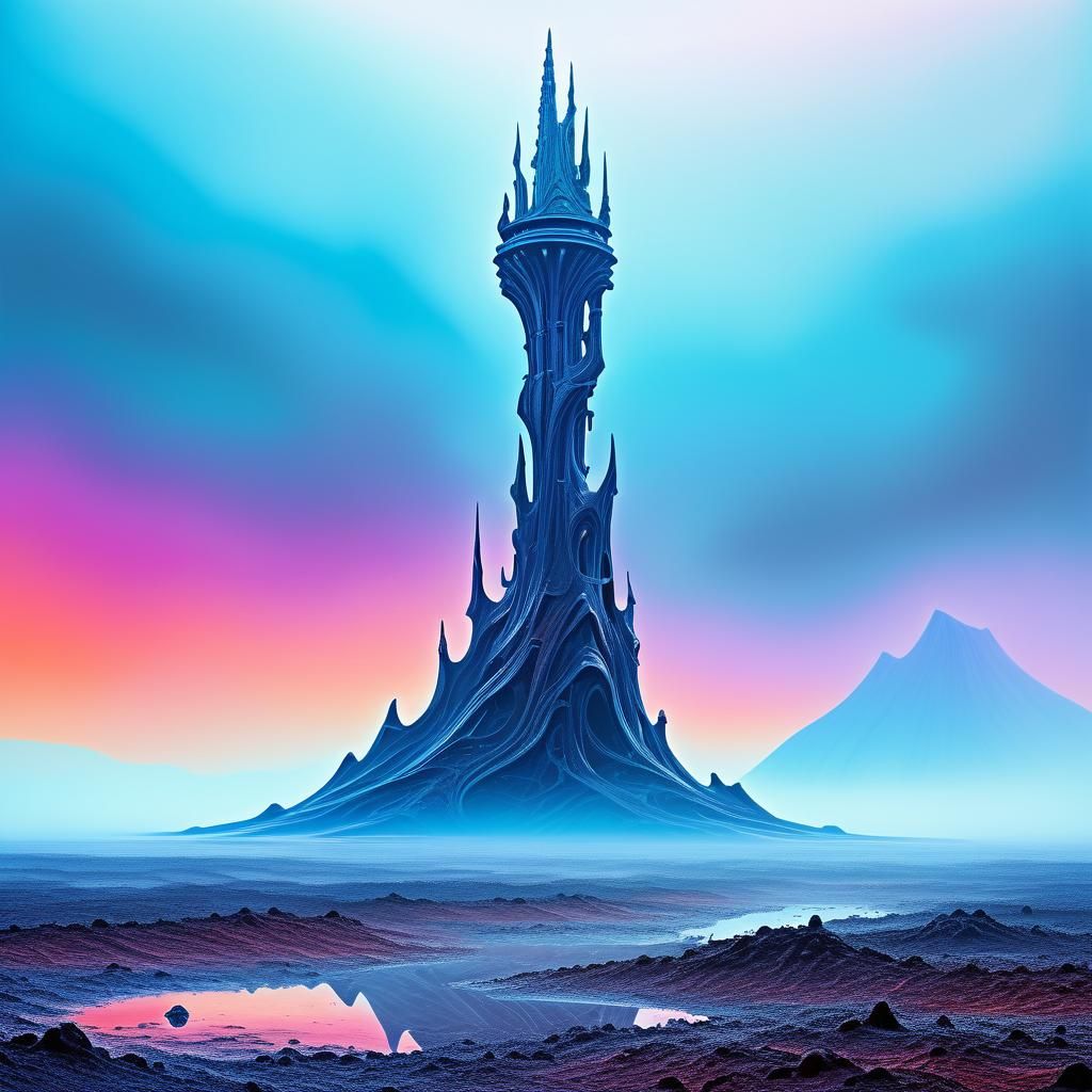 Surreal Alien Tower on Barren Planet in Surrealist Style