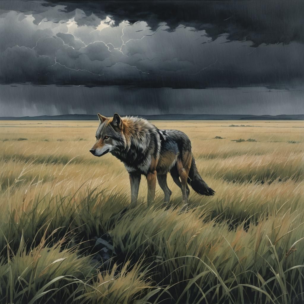 Lone Wolf on Plain in Watercolour Style