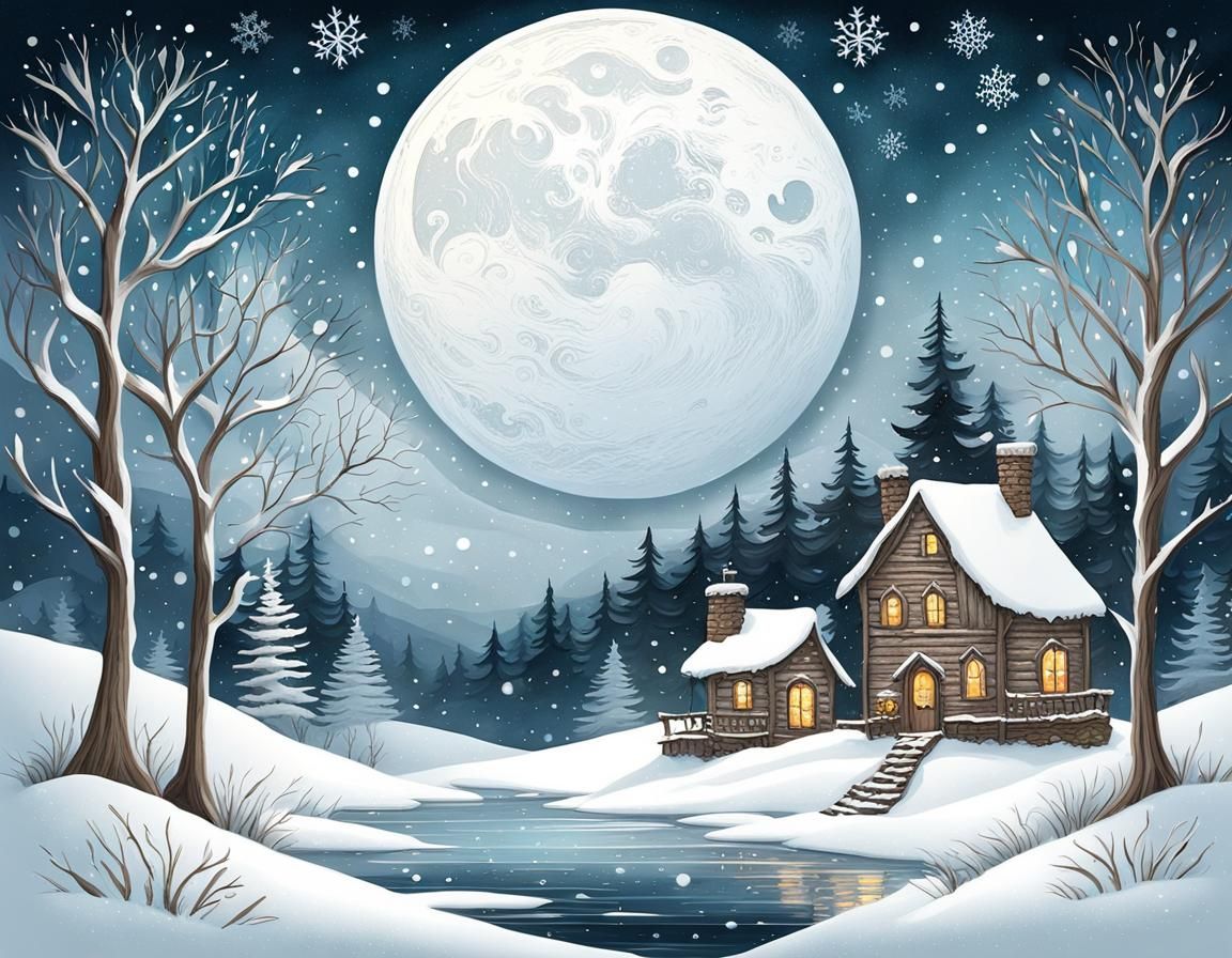 Enchanting Snow Moon Illustration in Whimsical Style