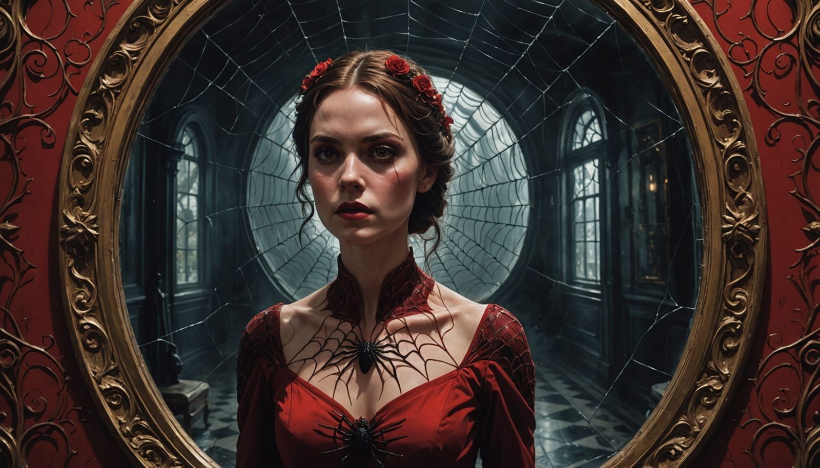 Mysterious Red Dressed Woman Confronts Dark Reflection
