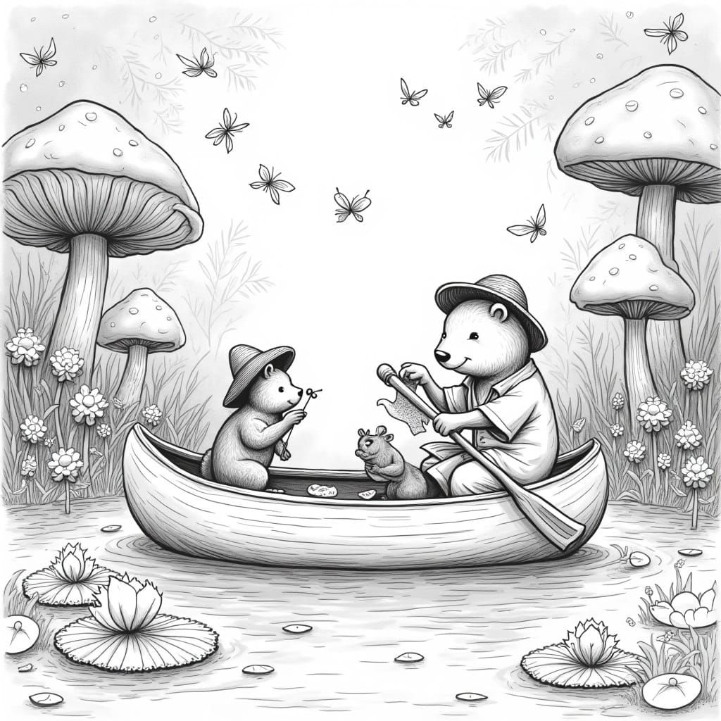 Labubu's Peaceful Canoe Trip: Black and White Line Art