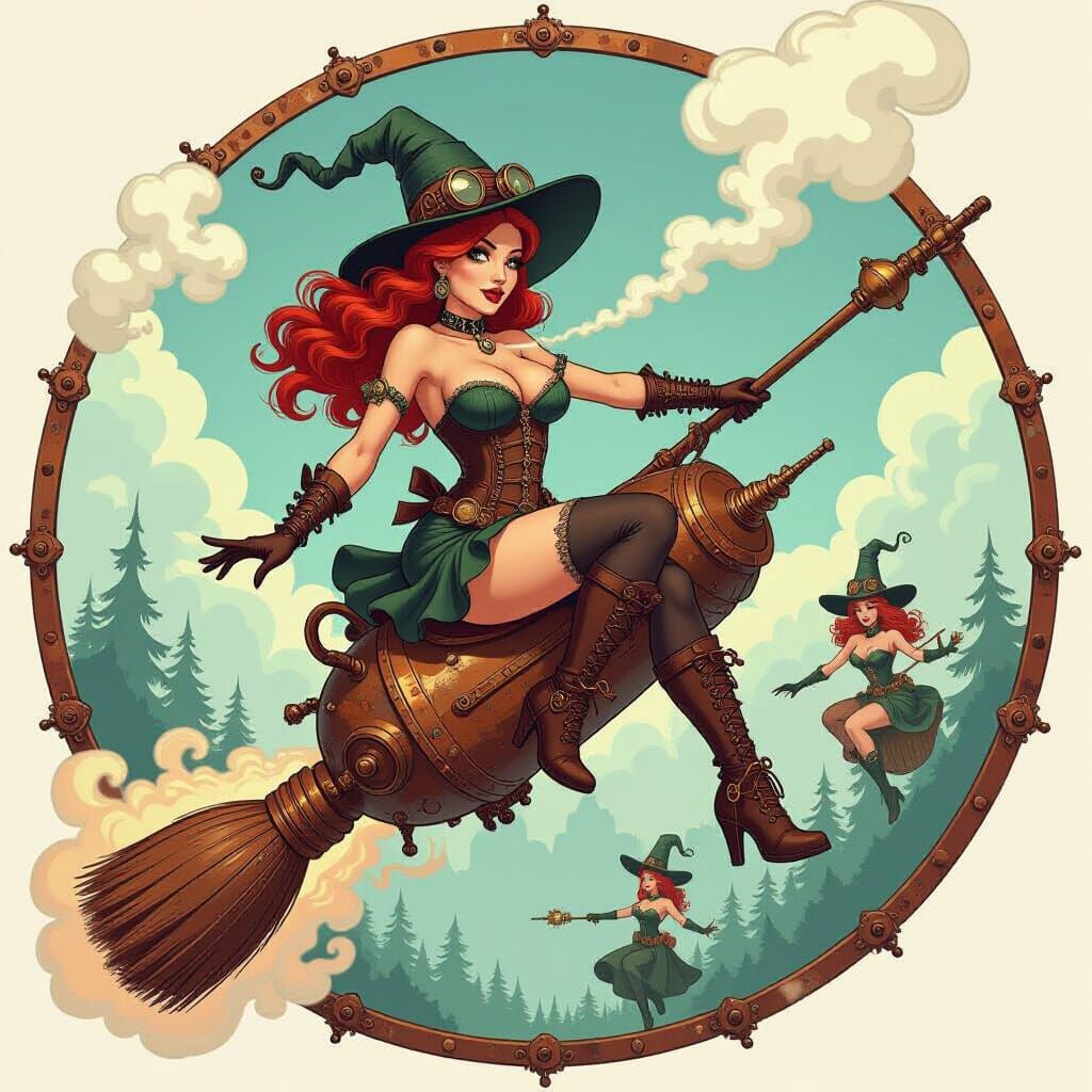 Steampunk Witch Rides Rusty Brush to Sabbath