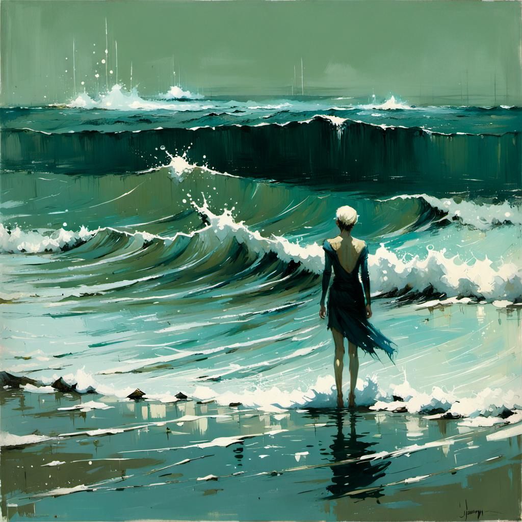 Water Elf in Waves, Urban Impressionism Style