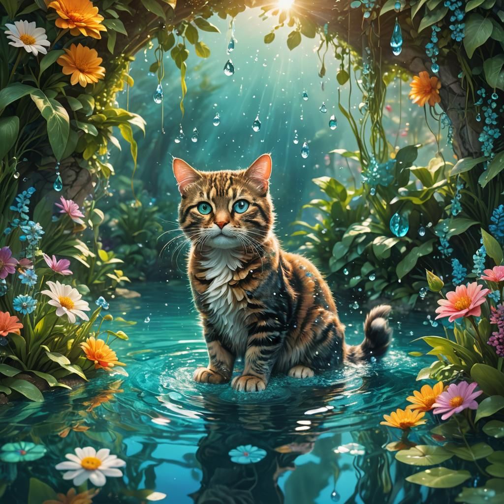Cat Diving into Crystal Water: Fantasy Art