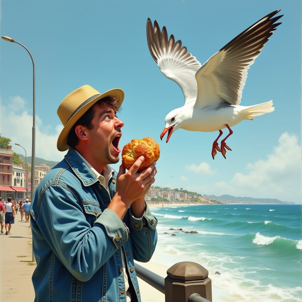 Man Surprised by Sneaky Seagull on Seaside Boardwalk