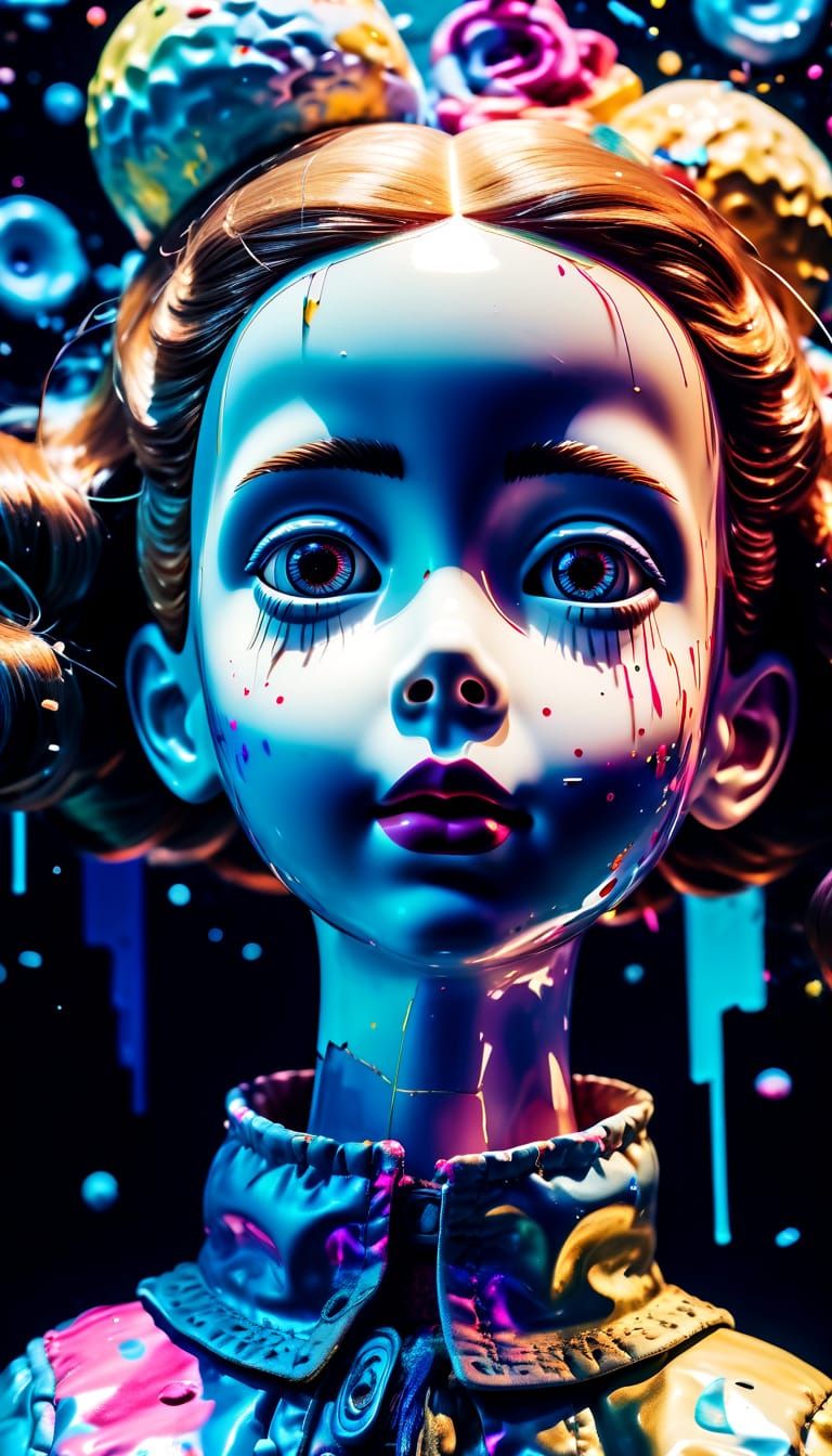 Surreal Grotesque Porcelain Doll in Space, Glitch Art