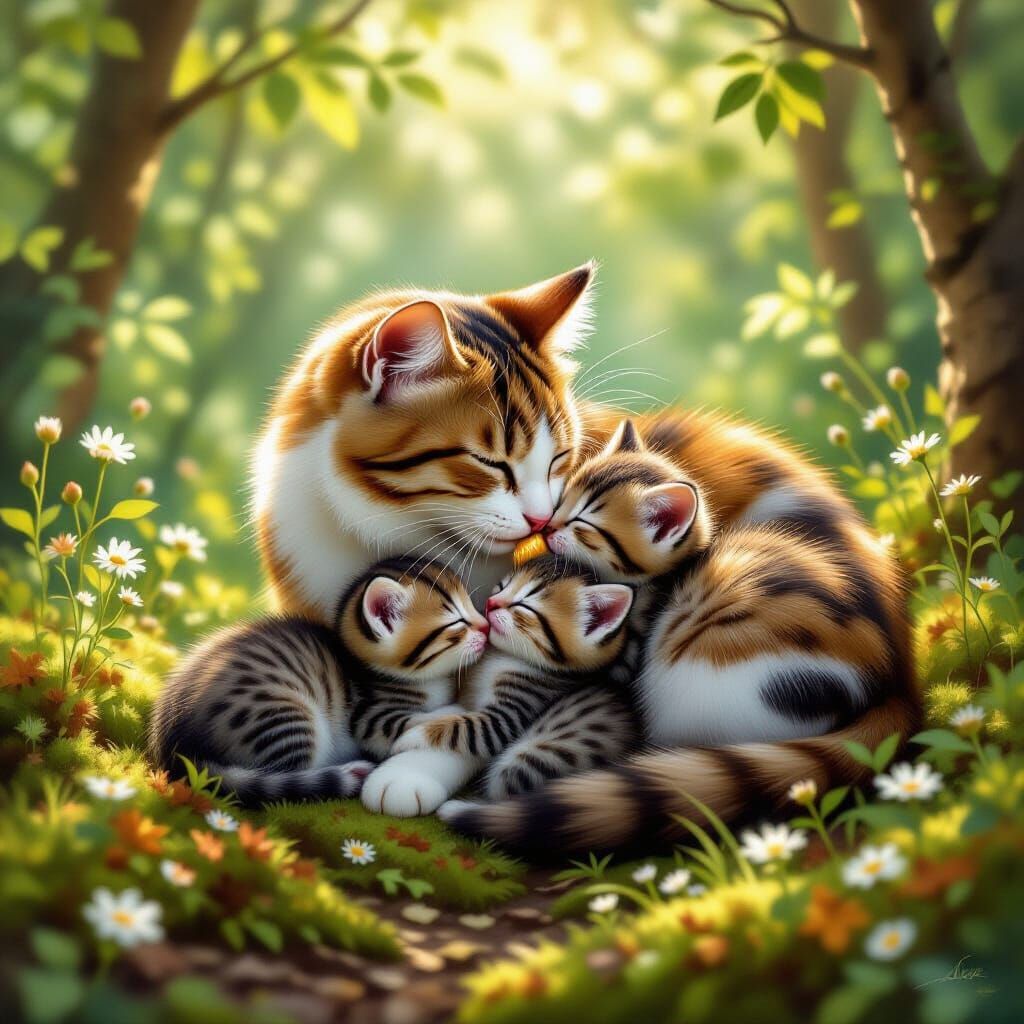 Mother Cat Feeds Kittens in Sunlit Forest Clearing