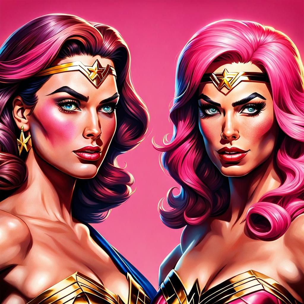 Super girl, Wonder Woman, as Rizo and Didi,  the Pink Ladies from the musical grease   high resolution realistic skin sh...