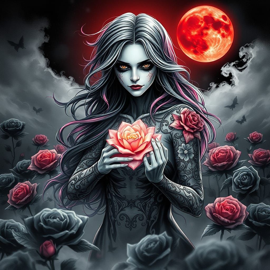 Undead Woman Emerges from Black Roses Under Blood Moon
