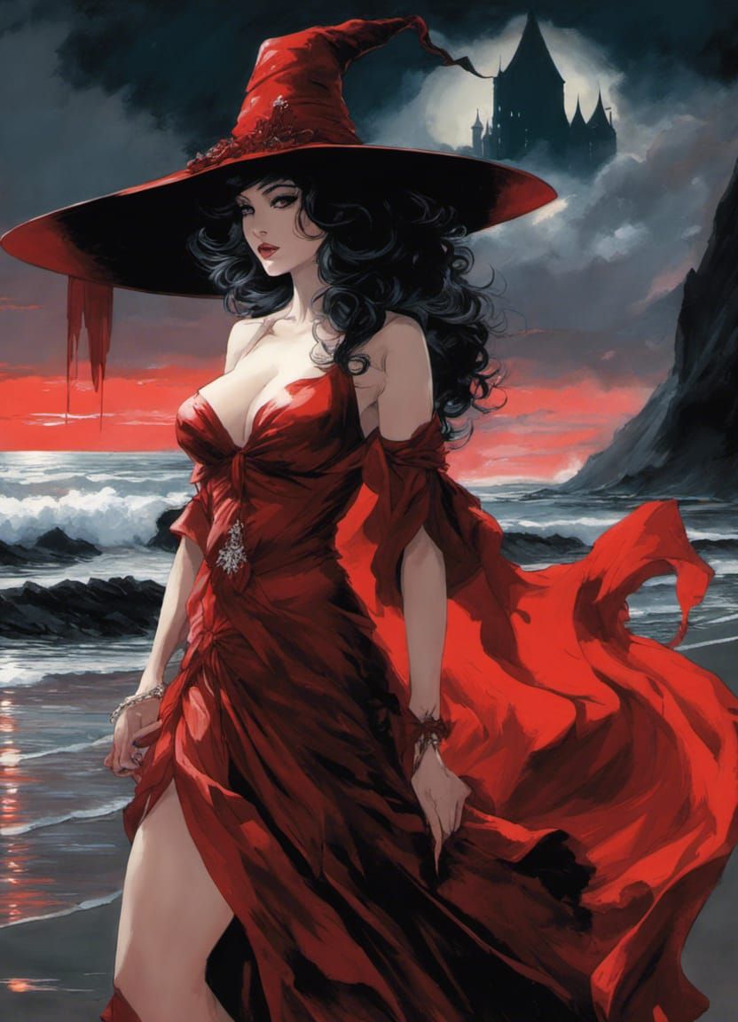 Gothic Witch in Crimson Nightgown, Pin-Up Style