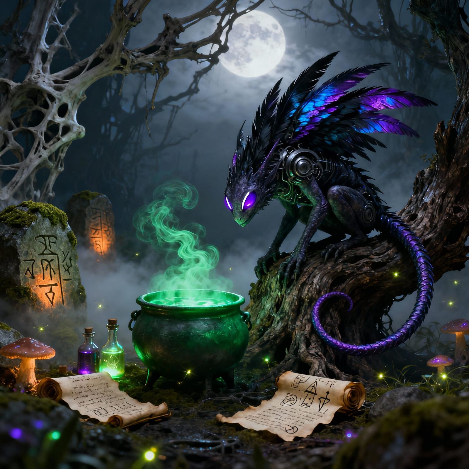 Mysterious Witch's Familiar Waits in Moonlit Forest