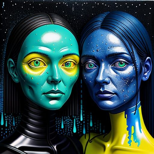 Surreal Portrait of Women and Alien in Acid Rain