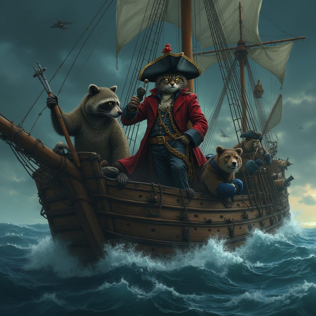 Pirate Animal Crew Sailing a Stormy Sea