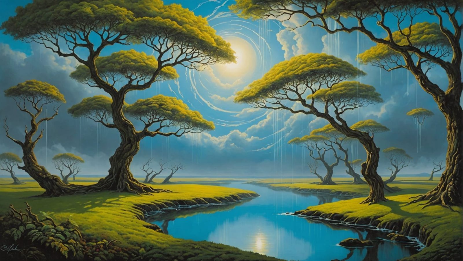 Surreal Rivers Flowing Upwards as Melting Oil Painting