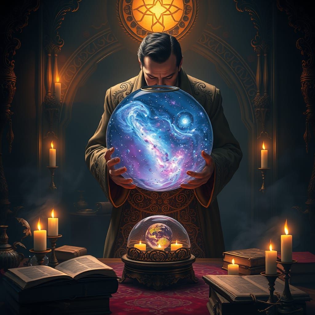Mystical Seer Contemplating Cosmic Vistas in a Golden Orb