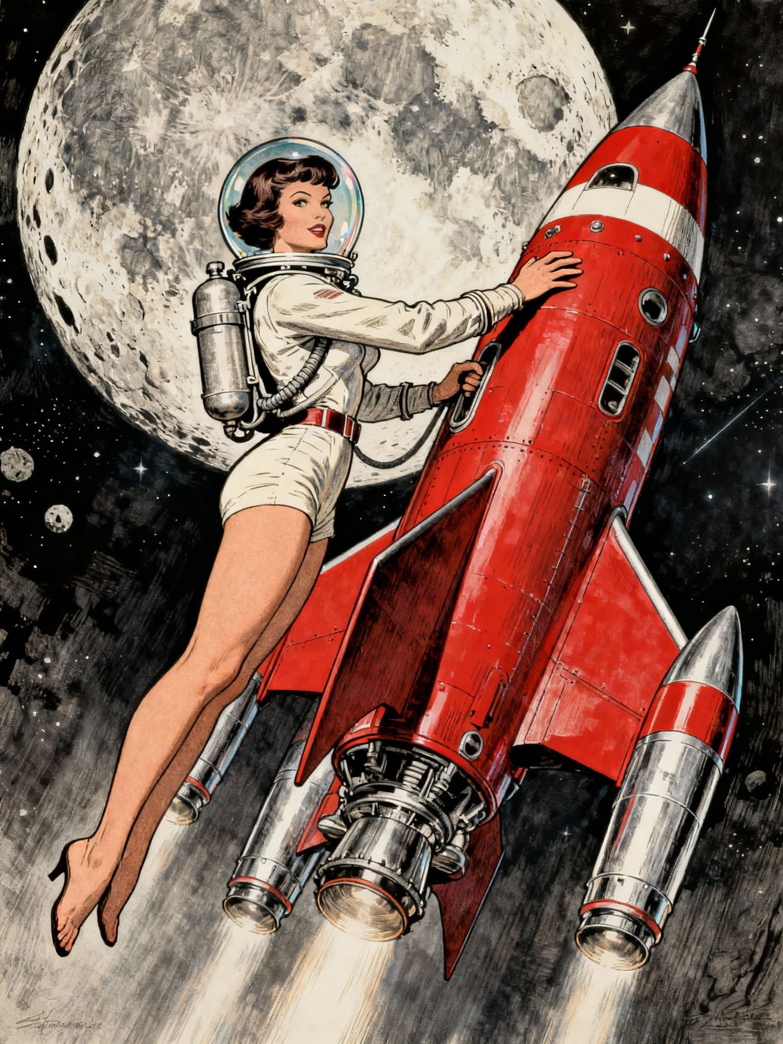 Retro Pinup Woman in Space with Spaceship