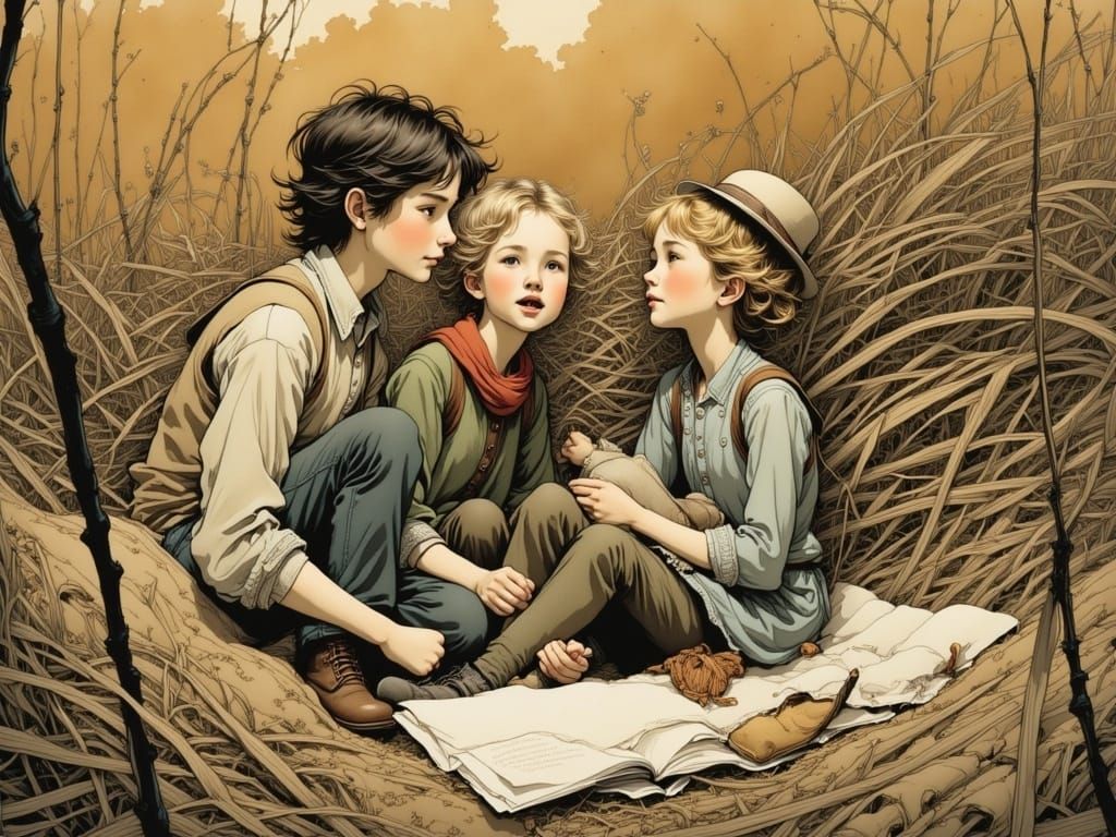 Cute Siblings Laughing in Hay, Storybook Illustration