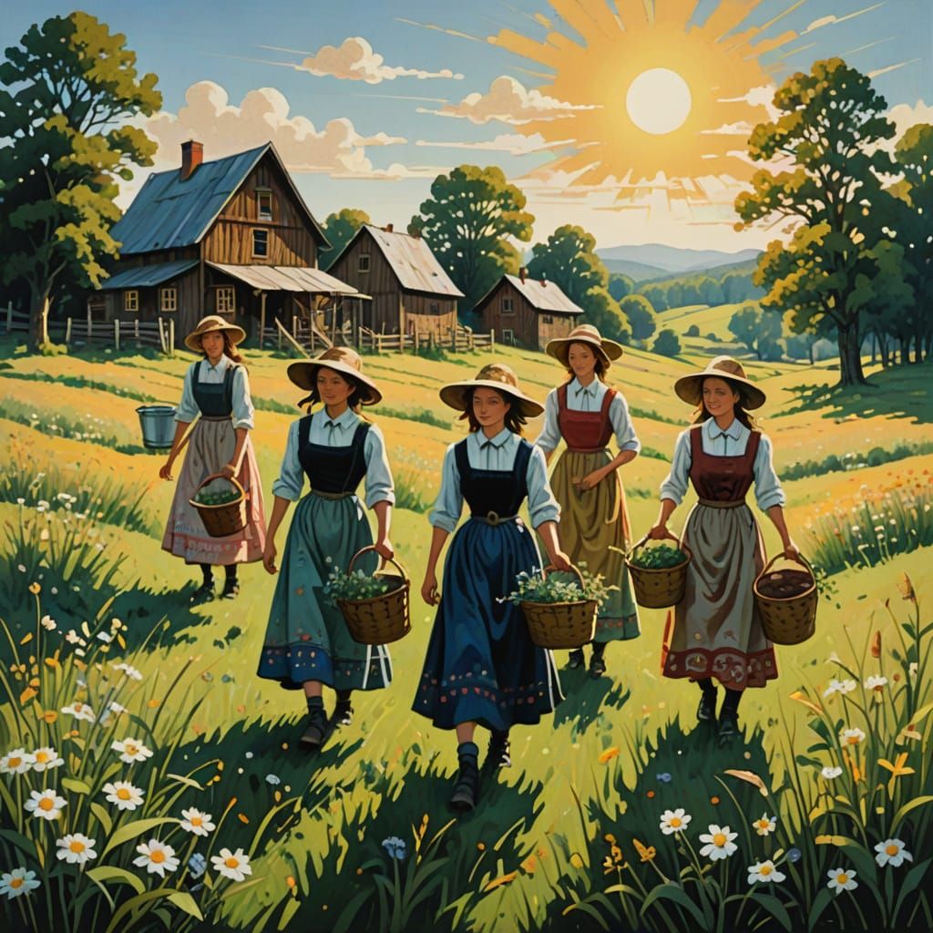 Seven Maids Carry Milk Pails in Sunlit Meadow
