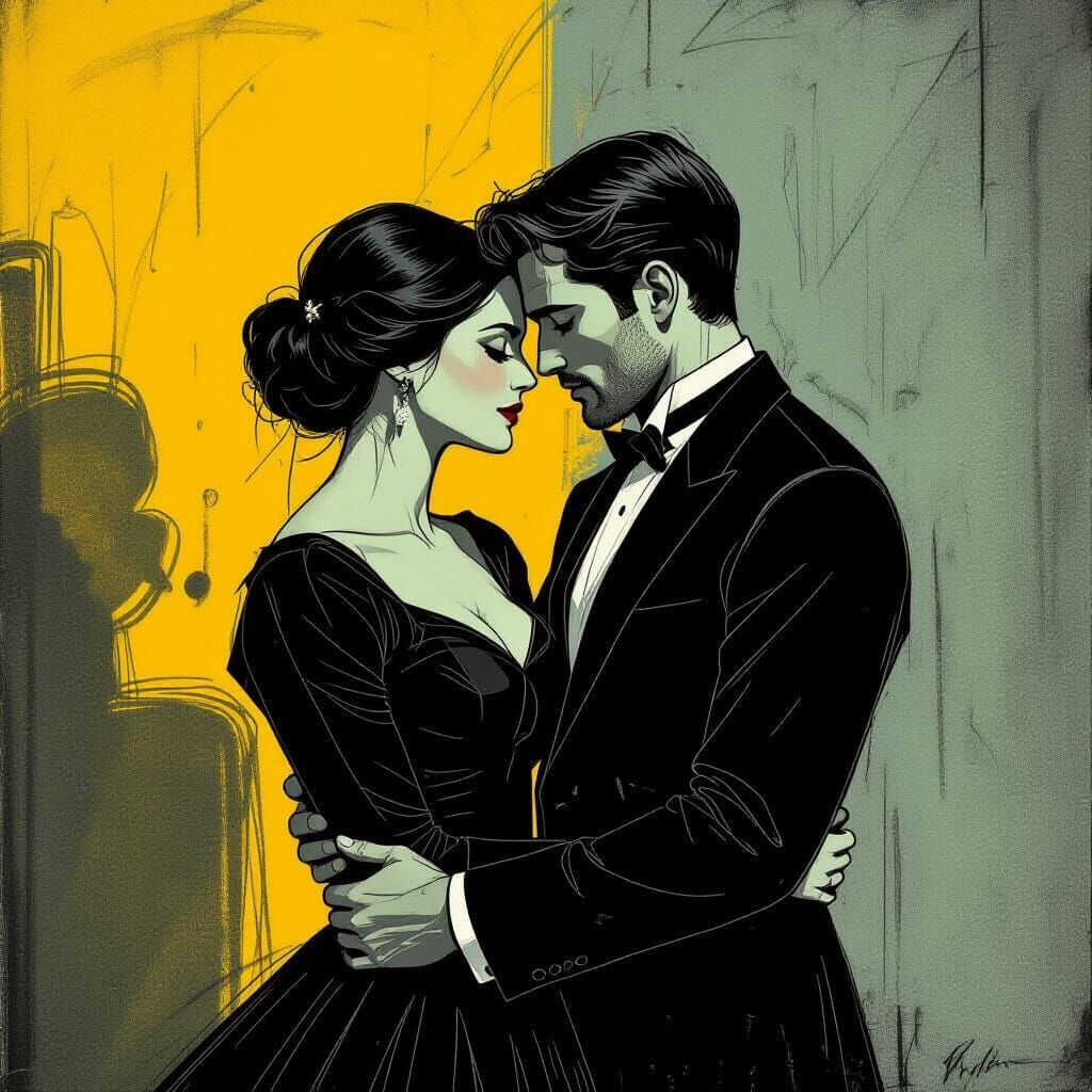 Dramatic Couple in Drypoint Style with Chiaroscuro