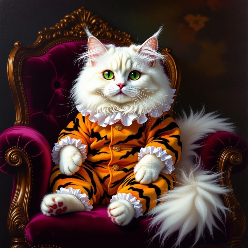 Cat in Tiger Costume on Velvet Cushion