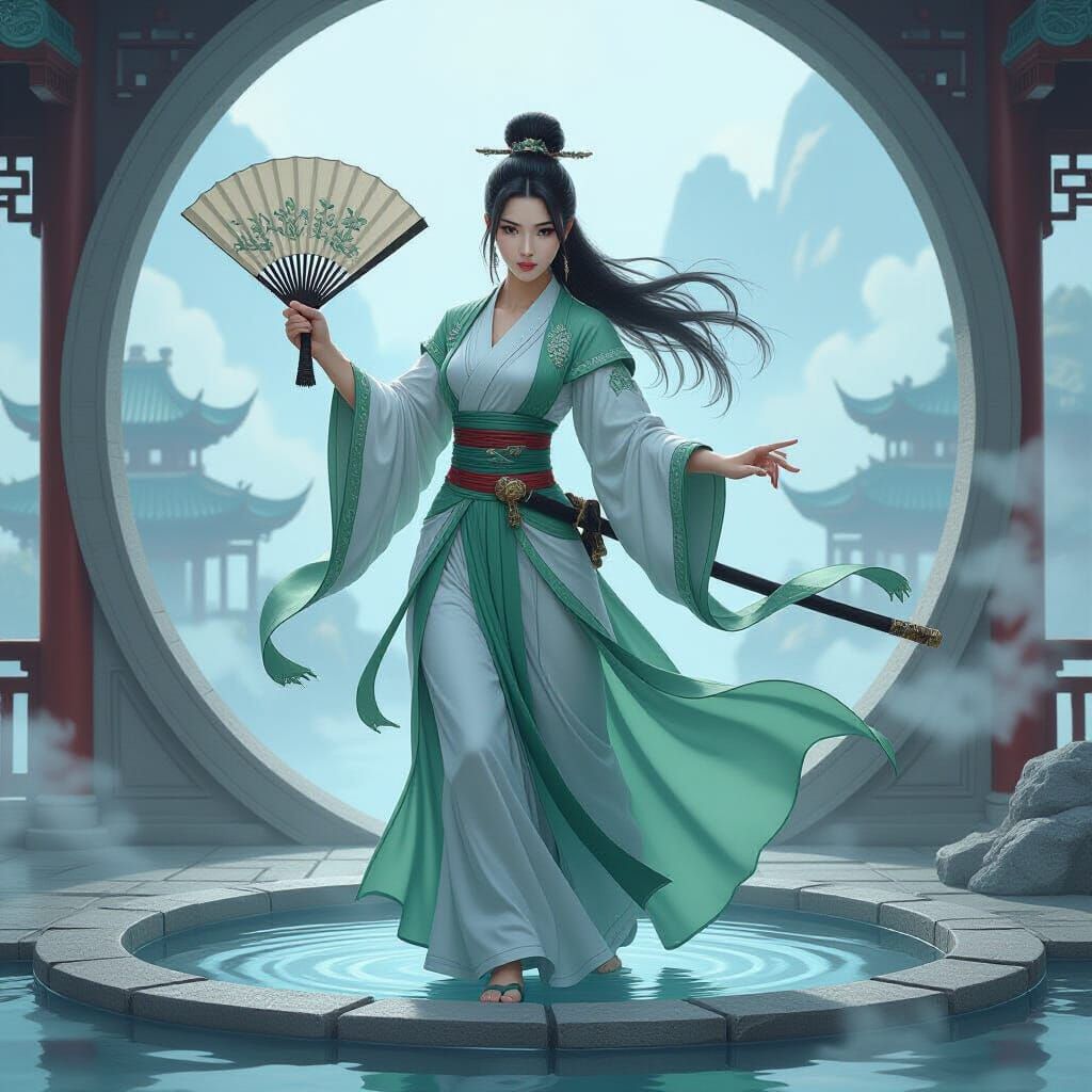Asian Warrior in Floating Courtyard: Digital Illustration