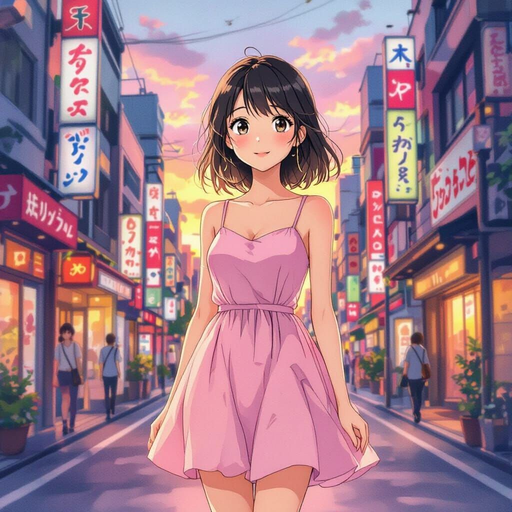 Anime Girl in Tokyo Street, Watercolor Style