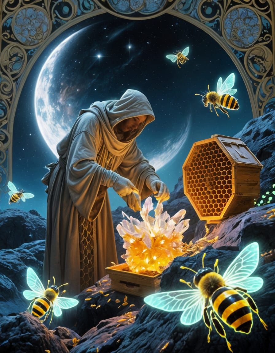 Celestial Beekeeper Harvesting Starlight Honey